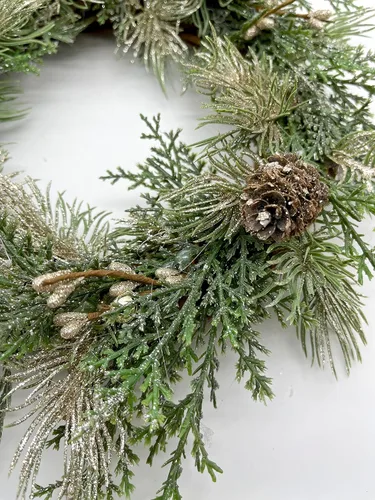 Vista 3 de Christmas & Holiday Table Decor and Candle Holder with Pinecones and Gold Bronze Branches on Grapevine Wreath Base - 8 Inches