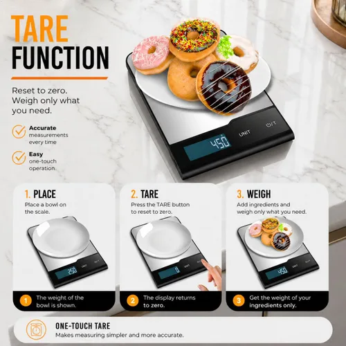 Vista 6 de Báscula digital de cocina, 22 libras, acero inoxidable, gramos y onzas para hornear y cocinar, precisión de 0.04 oz