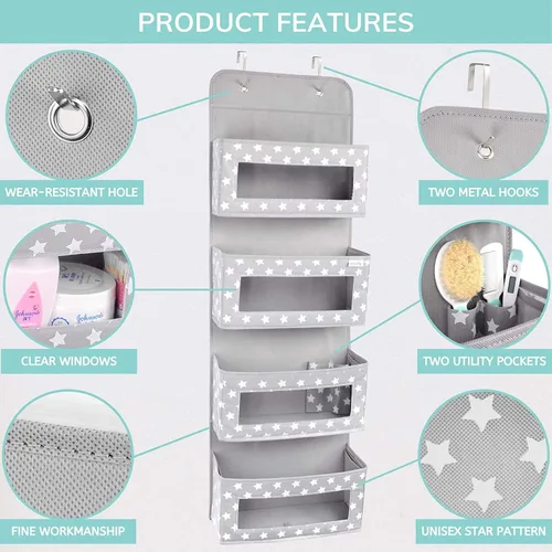 Vista 2 de Vesta Baby Organizador colgante de puerta con ganchos de metal 4 bolsillos grandes transparentes para ventana de almacenamiento para habitación