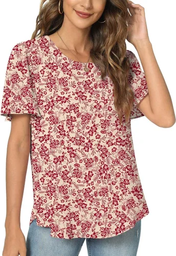 Vista 2 de TAOHUADAO Blusa de gasa de manga corta con cuello redondo y cuello redondo para mujer