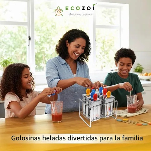 Vista 4 de Ecozoi Moldes de paletas de acero inoxidable – Juego de paletas de metal reutilizables con 6 moldes, 6 varillas, 12 sellos de silicona y cepillo