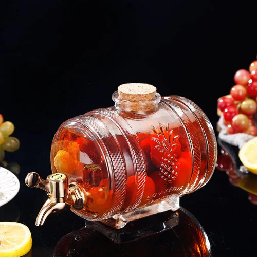 Vista 5 de Dispensador de bebidas de barril de vidrio de 1 litro con espita y soporte Dispensador de bebidas frías Dispensador de barril de vino (plata)