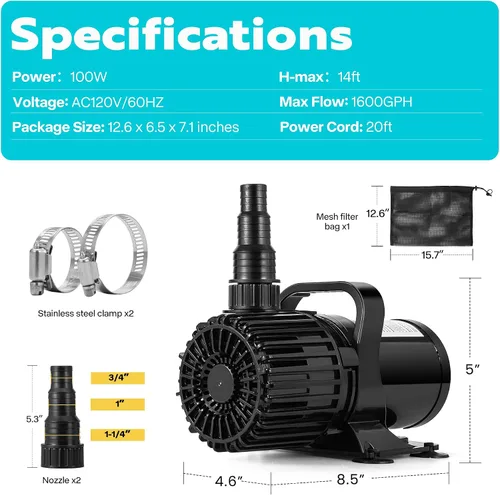Vista 7 de VIVOHOME - Bomba de agua sumergible de 100W 1600GPH con boquilla ajustable sin costuras de 180° y bolsa de barrera para estanques de peces, cascadas