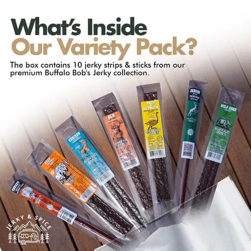 Vista 6 de Buffalo Bob's Wild Game Jerky (paquete de 10) Paquete de regalo de muestra de carne exótica premium Incluye búfalo, alce, venado, avestruz