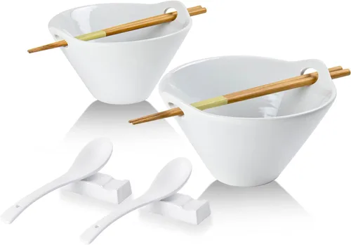 Vista 11 de UNICASA Juego de 2 cuencos japoneses para ramen con palillos, cucharas y reposos, 26 onzas, para fideos de porcelana profunda, Udon, Pho, ensalada