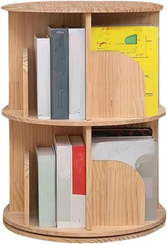 Vista 2 de Estantería giratoria, 360 exhibiciones de 2 niveles, estante de almacenamiento para niños y adultos, estante de madera estrecho para libros