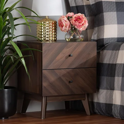 Vista 2 de Baxton Studio Hartman Mid-Century - Mesita de noche moderna de madera con acabado marrón nogal con 2 cajones