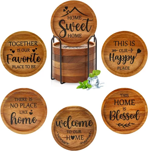 Vista 8 de Juego de 6 posavasos únicos de madera de acacia con soporte