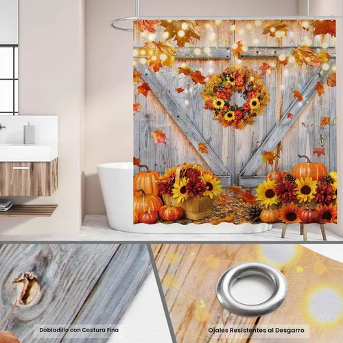 Vista 4 de Funnytree Cortina de ducha rústica de 72 x 72 pulgadas, diseño rústico de otoño, puerta de granero, girasoles, cosecha de Acción de Gracias