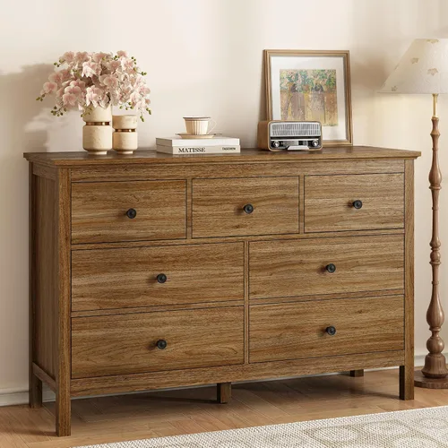 Vista 5 de Cómoda de roble para dormitorio, cómoda moderna de 7 cajones de 47 pulgadas con asas negras Cómoda de almacenamiento de madera de estilo natural