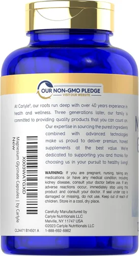 Vista 3 de Carlyle Glicinato de magnesio 200 mg 120 cápsulas Suplemento sin OMG y sin gluten