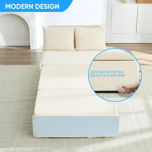 Vista 8 de PUREMIND Sofá cama extraíble 3 en 1 tamaño individual, sofá de pana convertible con almohadas y colchón de espuma viscoelástica de 3.9 pulgadas Beige