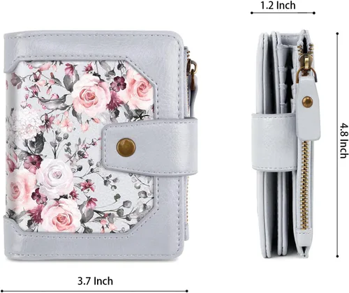 Vista 6 de Cartera pequeña para mujer, billetera plegable con bloqueo RFID, tarjetero con bolsillo con cremallera, Gris (Grey Flower), Vintage