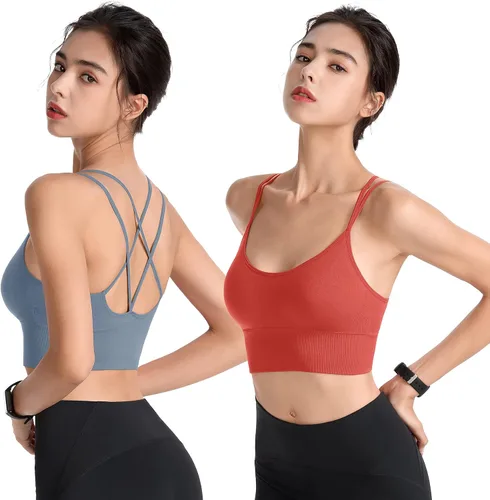 Vista 4 de Padded Sports Bras for Women Strappy Cross Back Yoga Bras Pack for Workout Fitness Running Gym Low Impact Top