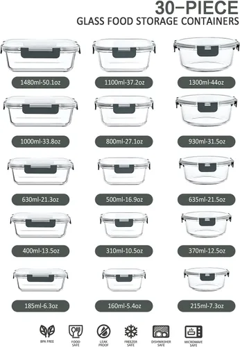 Vista 3 de M MCIRCO Juego de 5 y 30 recipientes de vidrio para alimentos de 36 onzas, 2 compartimentos, juego de 5 y 30 recipientes de almacenamiento