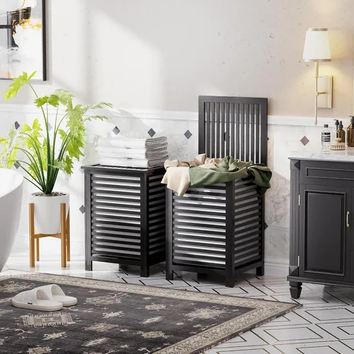 Vista 7 de SMIBUY cesta de lavandería doble con tapa, canasta de lavandería de bambú de 120L con bolsa interior extraíble, clasificador de ropa de 2 secciones