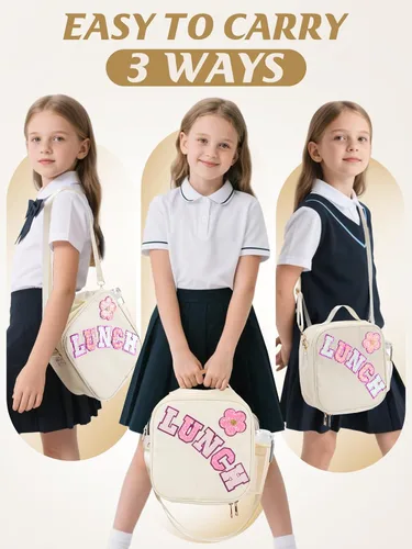 Vista 6 de Bolsa de almuerzo aislada para niños con correa ajustable para niñas, color beige Easy to Clean, Reusable Large Lunch Bag, Holds Lunch Box Snack