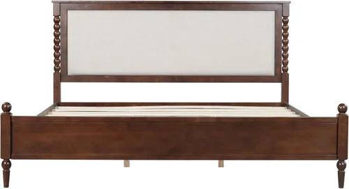 Vista 5 de Merax Base de cama de plataforma de madera maciza tamaño King, cabecera tapizada y eje clásico y con panel de tela, no necesita somier, capacidad