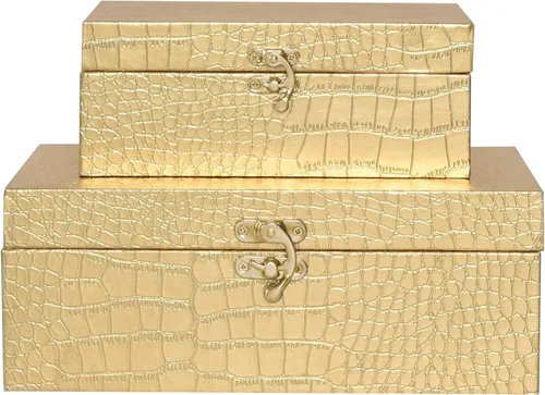 Vista 4 de Juego de 2 cajas de almacenamiento decorativas de madera, cuero de cocodrilo dorado con cierre para el hogar, cocina, sala de estar, regalo ideal