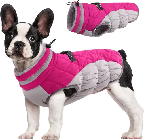 Vista 20 de Abrigo para perro, chaqueta cálida de invierno, acolchada, de vellón, chaleco reflectante con arnés, chaqueta de nieve impermeable con cremallera, a