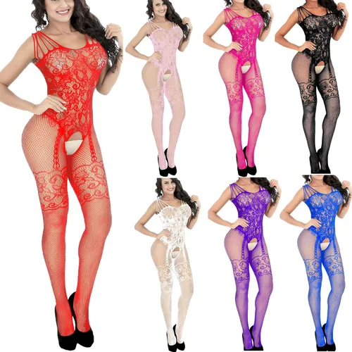 Vista 4 de Lencería de malla para mujer, lencería sexy de malla, body de encaje, medias sin entrepierna, lencería 9