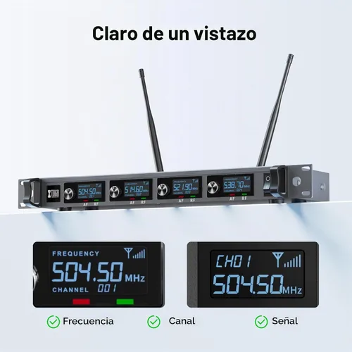 Vista 5 de XTUGA Sistema de micrófono inalámbrico A140, juego de micrófono inalámbrico UHF de 4 canales con cuatro micrófonos BodyPack, construcción totalmente