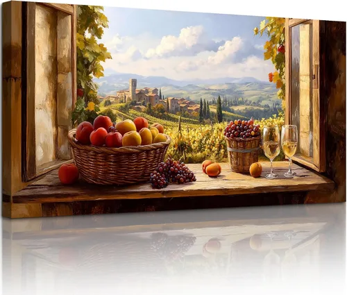 Vista 10 de crmotu Vineyard Arte de Pared de Ventana Falsa, Obra de Arte Grande de Paisaje de Campo Italiano, Impresiones de Campos de Uva Decoración de Pared