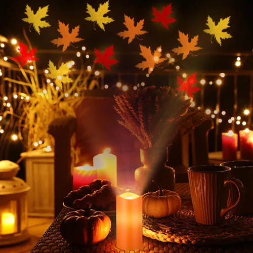 Vista 5 de Baquler Velas sin Llama con Proyector de Hojas de Arce Otoñales, Luces LED de Acción de Gracias, Luz Nocturna de Otoño con Control Remoto