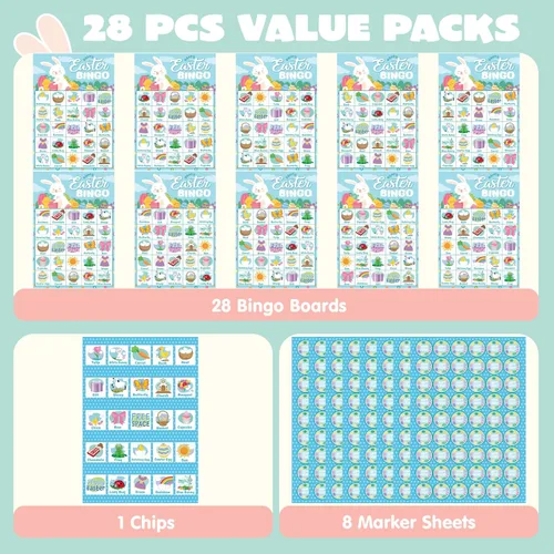Vista 3 de JOYIN Tarjeta de bingo de Pascua para 28 jugadores (5 x 5) con color azul para niños, niñas y adultos, juegos de Pascua, actividades escolares