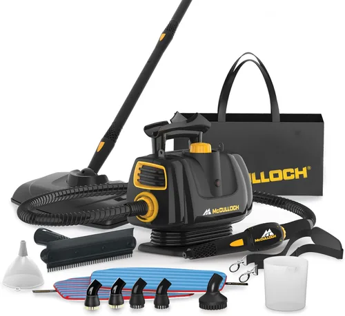 Vista 9 de McCulloch MC1230 - Limpiadora de vapor de mano, tiempo de ejecución de 10 minutos, 11 accesorios: boquilla de chorro, cepillos y más - Construido