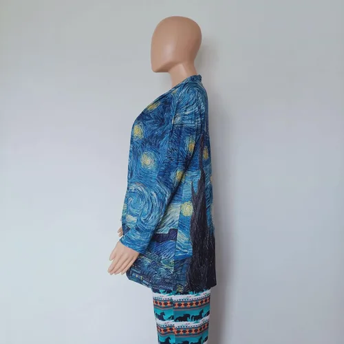 Vista 6 de Camisa de pintura al óleo Van Gogh regalo de noche estrellada para mujer, holgada, casual, de manga larga, ligera y delgada, cárdigan largo