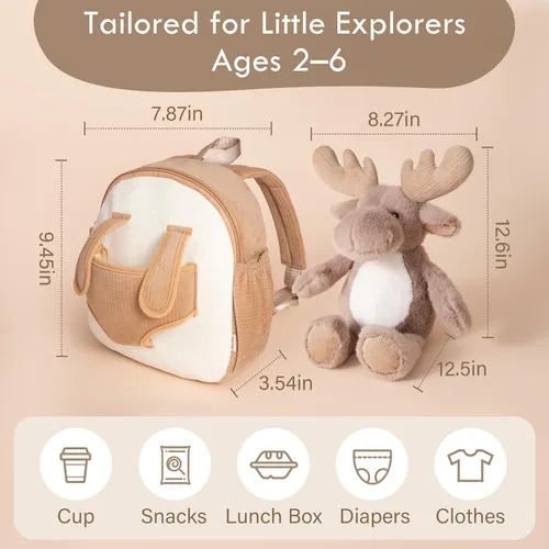 Vista 9 de Moonkie Hug & Go - Mochila para niños pequeños, bolsa de felpa suave con juguete para llevar para niños de 2 a 4 años, ideal para guardería, regalos