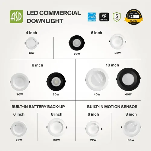 Vista 9 de ASD Downlight LED comercial sin lata de 4 pulgadas, iluminación ajustable de potencia de 7/10/13W, lámpara de techo empotrable redonda regulable, 5