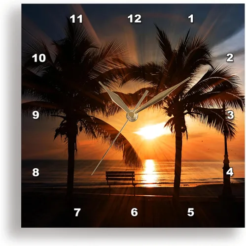 Vista 2 de Reloj de pared con diseño de rosa 3D con palmera y vista sobre el mar, 15" x 15