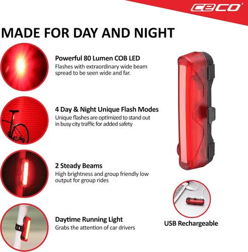 Vista 2 de CECO Luz trasera de bicicleta recargable USB de 80 lúmenes de EE. UU. - Luz trasera de bicicleta TC80 modelo súper amplia brillante - IP67