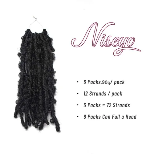 Vista 2 de Niseyo 6 paquetes de trenzas de ganchillo suaves de mariposa de 10 pulgadas, hechas a mano, preenlazadas, color negro oscuro, trenzas de mariposa