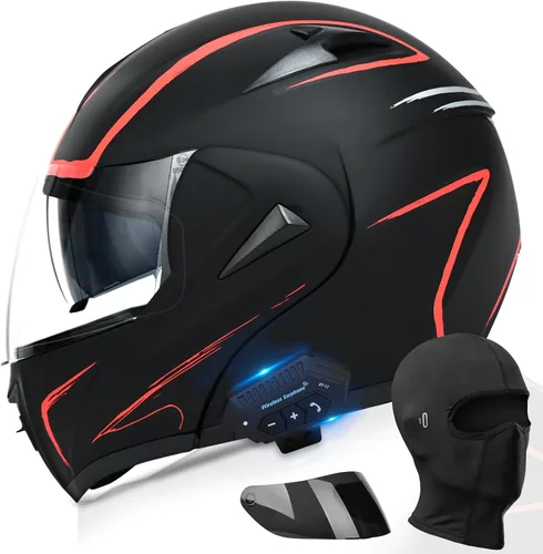 Vista 9 de Casco modular Bluetooth para motocicleta, aprobado por DOT, doble visera, abatible, de cara completa, con Bluetooth, casco de motocicleta integrado