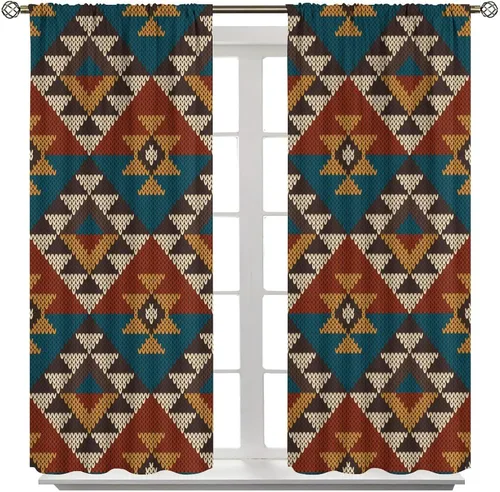 Vista 144 de Cortinas con patrón geométrico tribal, estilo suroeste, azteca, rústico, occidental, nativo americano, opacas, con bolsillo para barra, decoración
