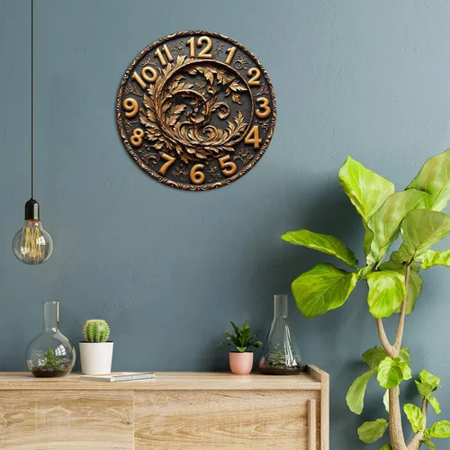 Vista 2 de Reloj de pared de madera con corona de hojas con acabado en bronce 9.8x9.8 in