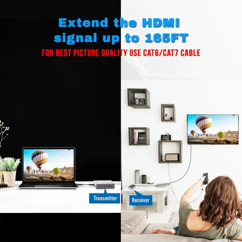 Vista 2 de J-Tech Digital Extensor HDMI 1080P 60Hz sobre CAT 5e/6/7 PoC (Alimentación por Cable) hasta 165 pies, Copia EDID de Color Profundo Sin Pérdida
