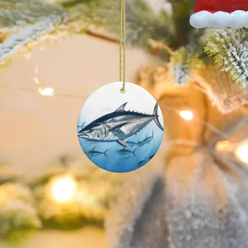 Vista 8 de Adorno de Navidad con estampado de atún azul, adorno redondo de Navidad, adornos colgantes para árbol de Navidad, hogar, fiesta, vacaciones