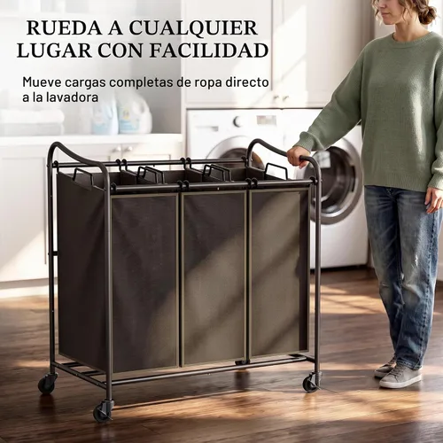 Vista 8 de Simple Houseware Carrito rodante clasificador de lavandería de 3 bolsas resistente, bronce