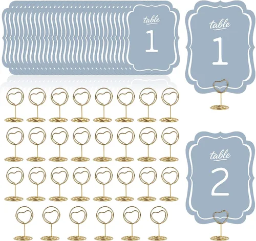 Vista 18 de Tarjetas de números de mesa del 1 al 30 números de mesa de boda azules con soporte, soportes de números de mesa, letreros de mesa de boda a granel