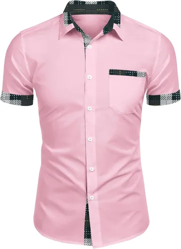 Vista 7 de RTRDE Men's Button Down Shirts Short Sleeve Plaid Print Summer Beach Wedding Vacation Dress Shirts, M-4XL