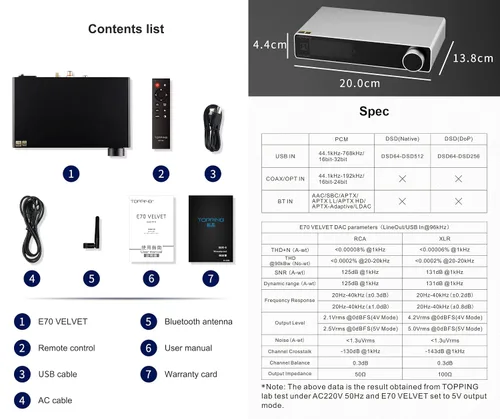 Vista 8 de Topping E70 Velvet AK4499EX DAC Decodificador de Audio - Bluetooth 5.1 LDAC Alta Resolución XU316 32Bit/768kHz DSD512 Entradas BT/USB/Coax/Opt Negro