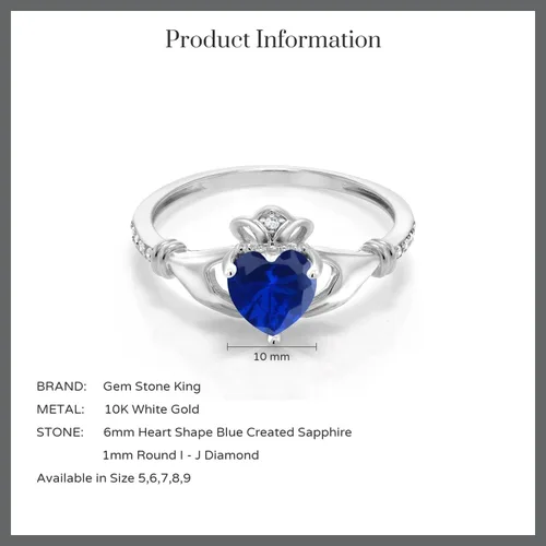 Vista 6 de Gem Stone King Anillo Claddagh celta irlandesa de oro blanco de 10 quilates con zafiro y diamante blanco para mujer