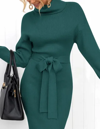 Vista 41 de ZESICA - Vestido por debajo de la rodilla de suéter, de cuello alto, para mujer, de manga larga, de punto acanalado, con abertura y cinturón
