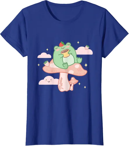 Vista 46 de Kawaii Strawberry Frog On Mushroom - Camiseta de manga corta de anime, Azul / Patchwork, S Azul Pastel