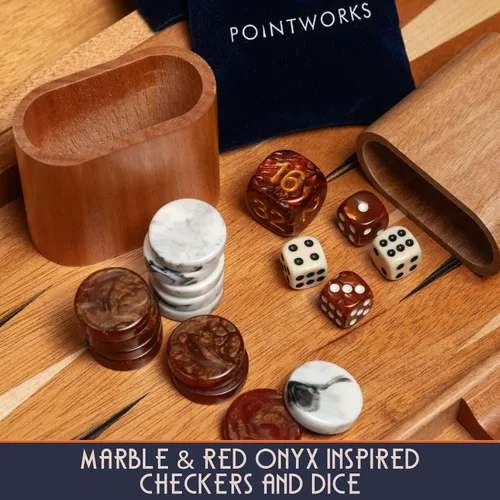 Vista 5 de Pointworks Juegos de backgammon de 17 pulgadas para adultos. Hermoso juego de mesa de backgammon con incrustaciones de madera con damas y dados