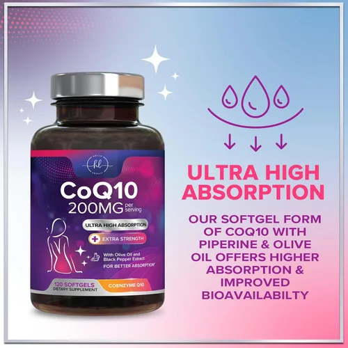 Vista 6 de Coenzima Q10 200 mg por porción Suplemento – Ultra alta absorción, antioxidante para la salud del corazón y apoyo a la producción de energía – CoQ10